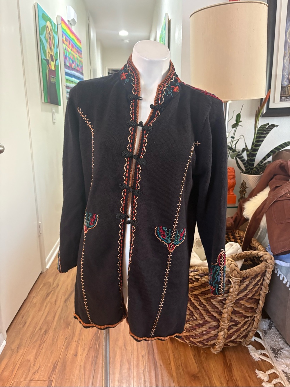Coldwater Creek Black Embroidered Mandarin-Style Cardigan